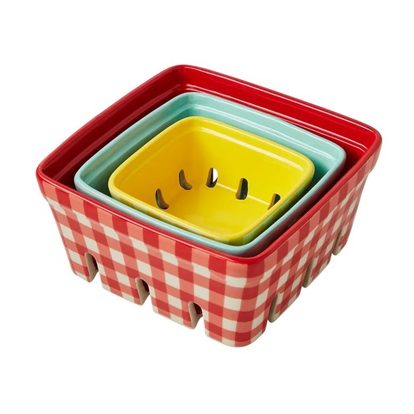 🌺♥️ New The Pioneer Woman Gingham 3-Piece Ceramic Fruit Basket Set - Picture 3 of 8